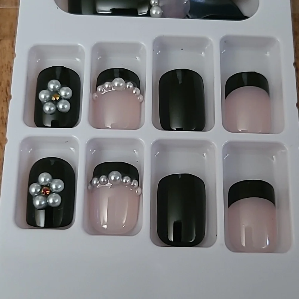 2/$16 3D Pearl Black French Tip Manicure Press On Nails